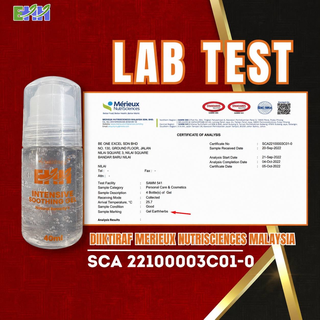 Keputusan Lab Test Gel EarthHerbs